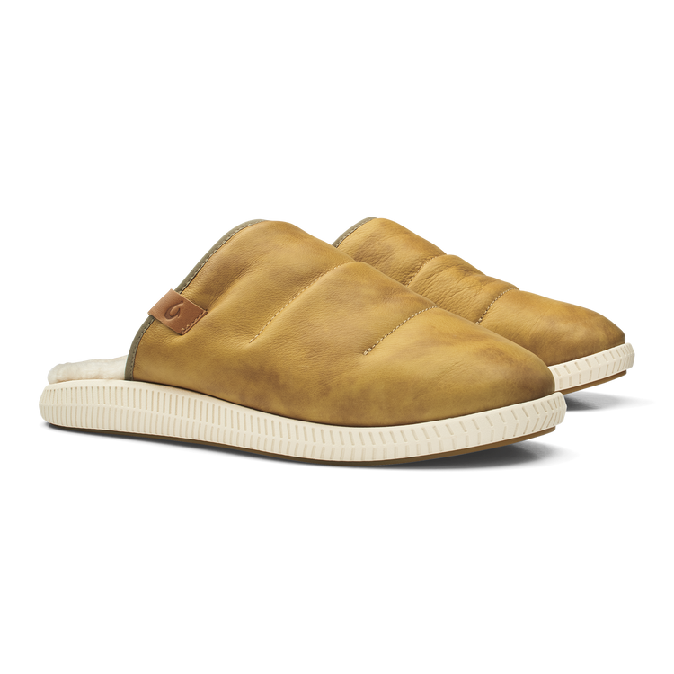 OluKai Mua ’Ili Men’s Leather Slip-On Slippers 11 Shearling Lined Tan Brown Olukai Mens Slippers Mua  main image 2